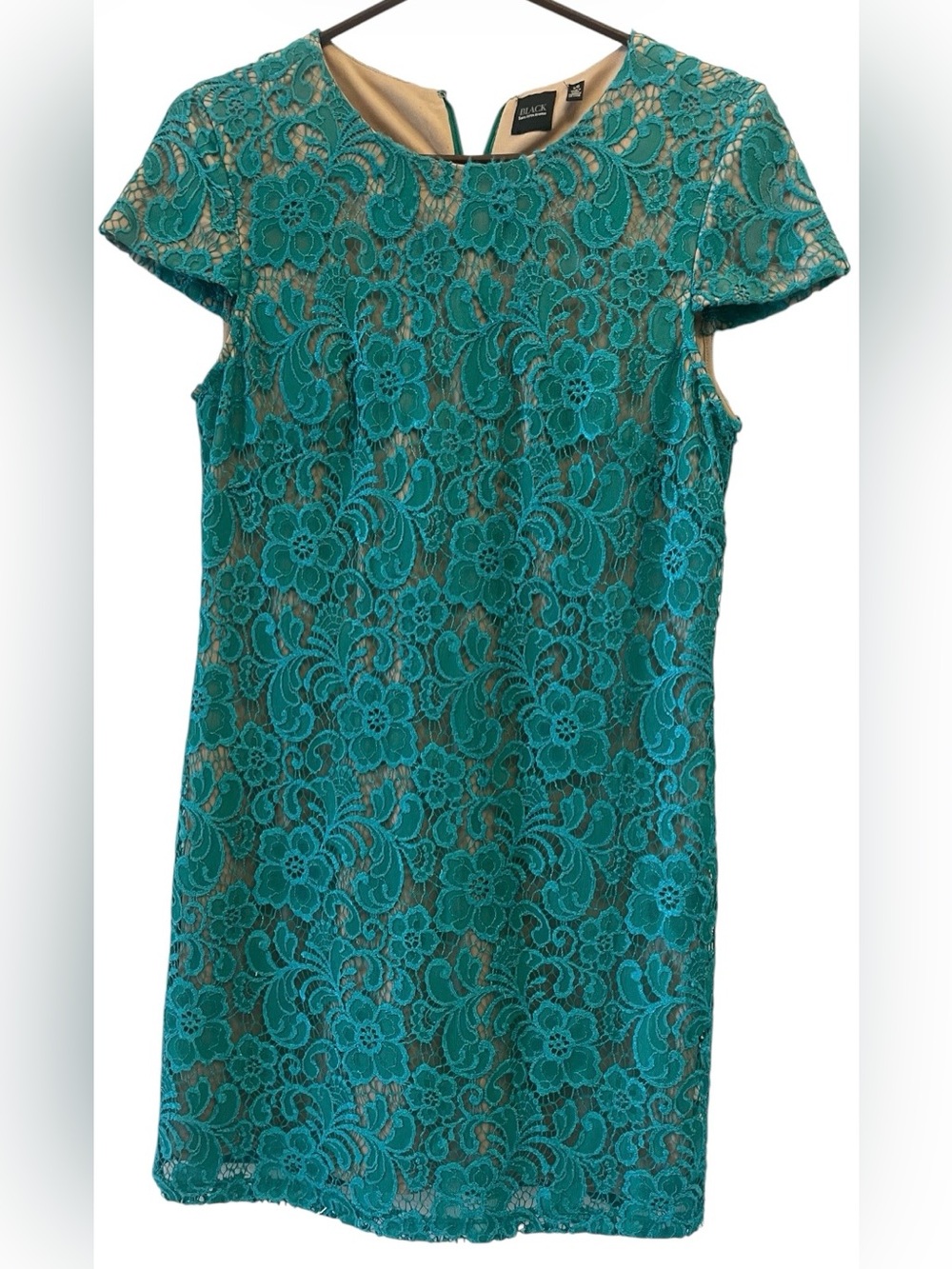 Saks Fifth Avenue,Large-Teal Lace Sheath Dress - Women's Elegant Short Sleeve